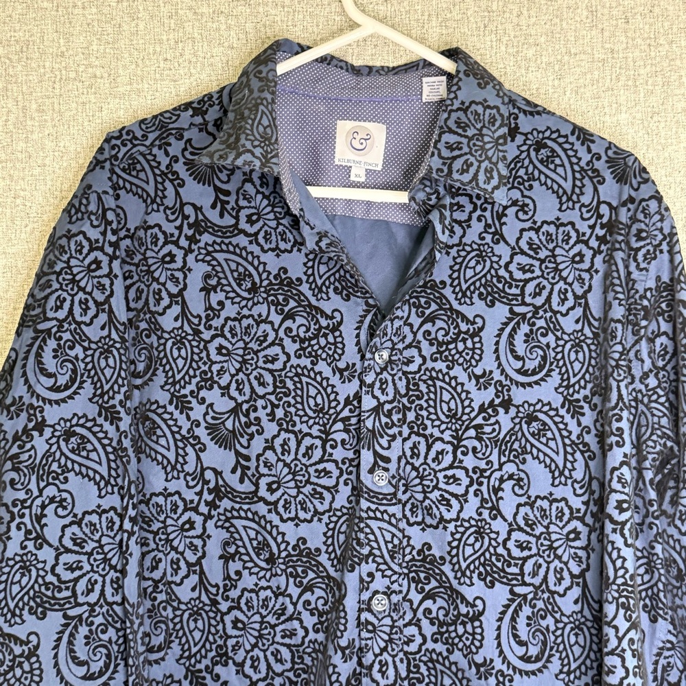 Kilburne Finch Men's Blue Floral Paisley Velvet Button Down Dress Shirt Size‎ XL - Picture 2 of 6